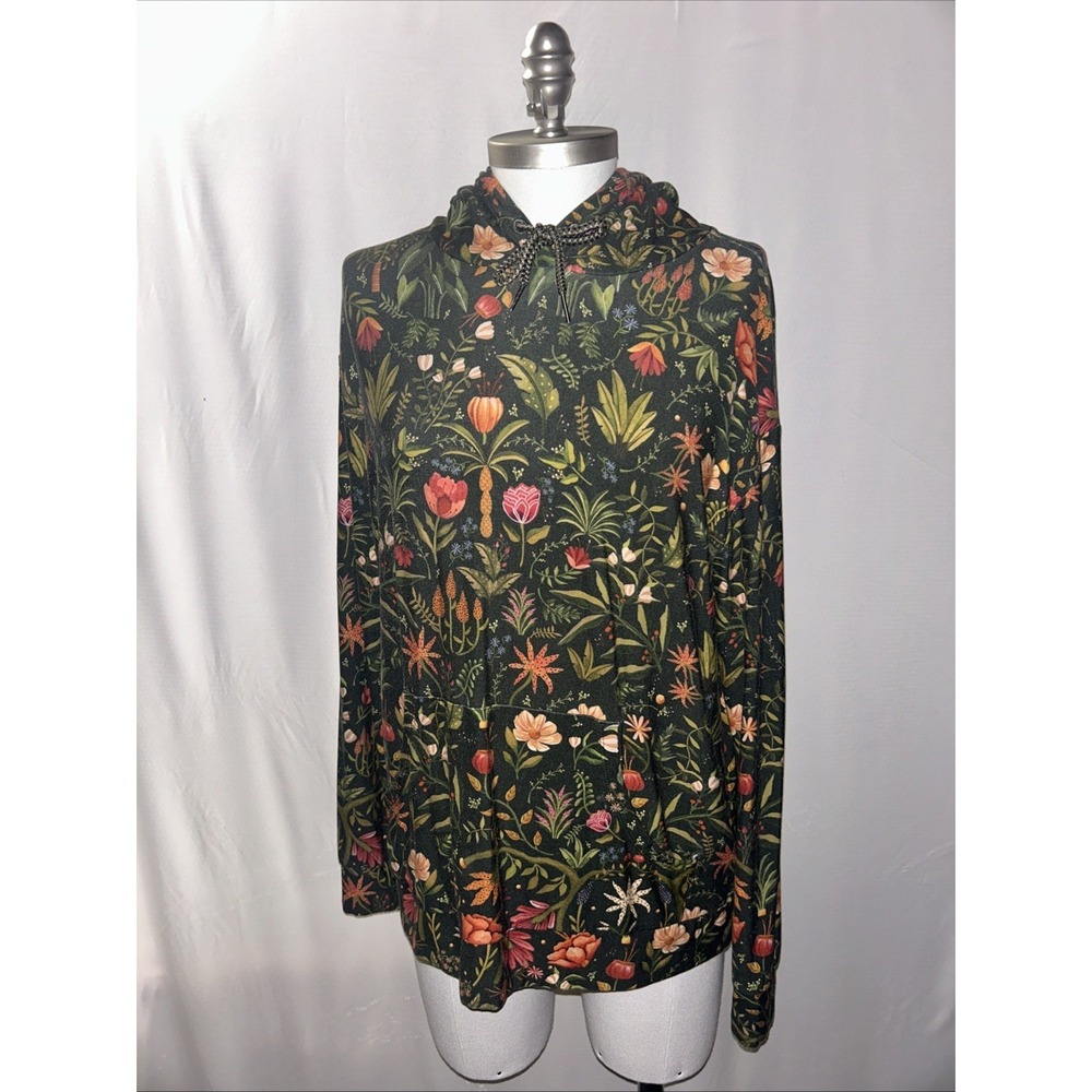 Anthropologie Farm Rio Floral Fleece Hoodie Womens Small Pullover Tropical‎